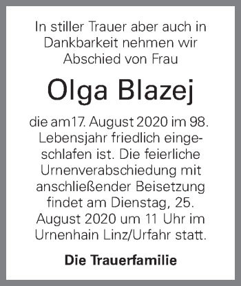 Traueranzeige von Olga Blazej von OÖNachrichten