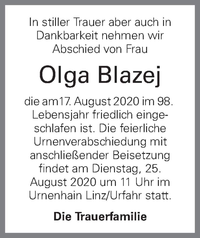  Traueranzeige für Olga Blazej vom 26.08.2020 aus OÖNachrichten