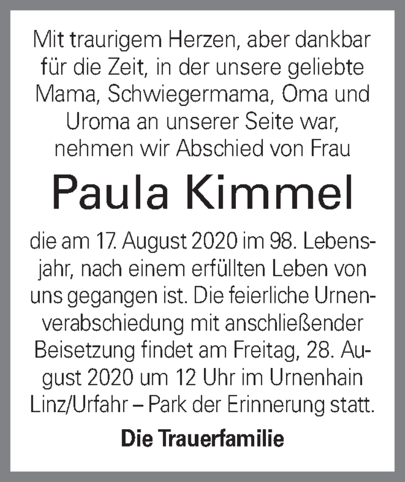  Traueranzeige für Paula Kimmel vom 22.08.2020 aus OÖNachrichten