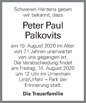 Traueranzeige von Peter Paul Palkovits von OÖNachrichten