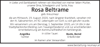 Traueranzeige von Rosa Beltrame von OÖNachrichten