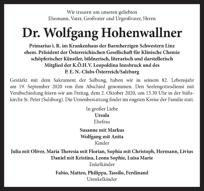  Traueranzeige für Wolfgang Hohenwallner vom 26.09.2020 aus OÖNachrichten