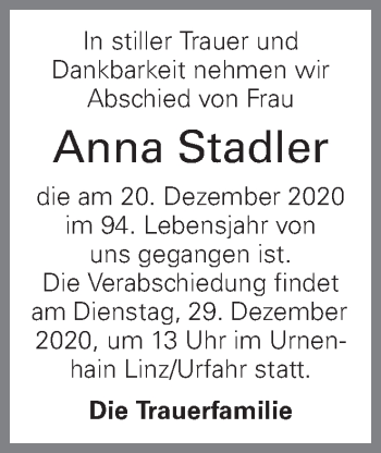 Traueranzeige von Anna Stadler von OÖNachrichten