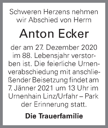 Traueranzeige von Anton Ecker von OÖNachrichten