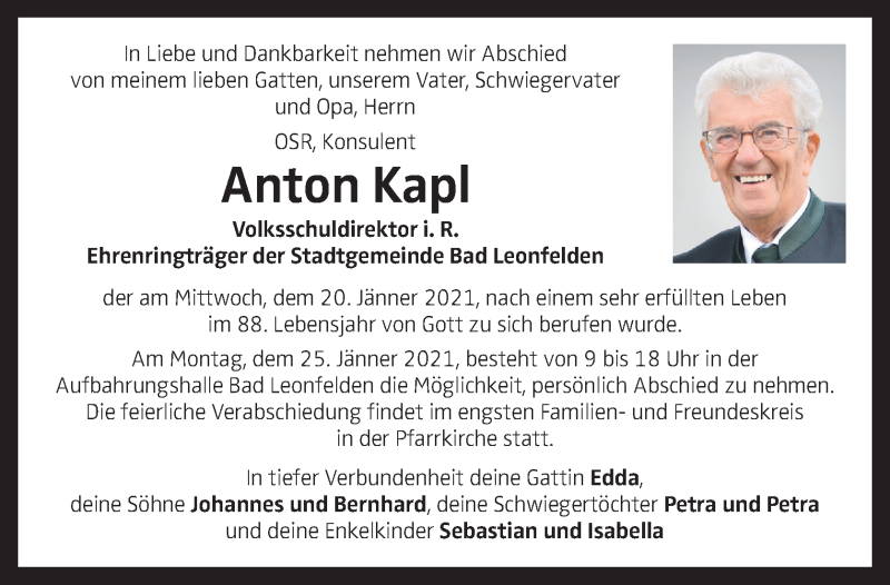  Traueranzeige für Anton Kapl vom 23.01.2021 aus OÖNachrichten