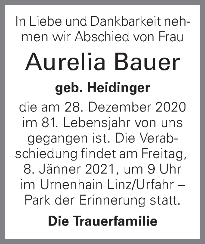  Traueranzeige für Aurelia Bauer vom 31.12.2020 aus OÖNachrichten