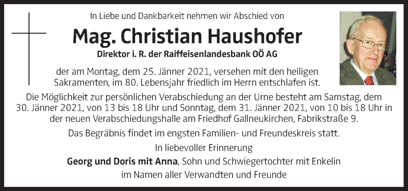  Traueranzeige für Christian Haushofer vom 30.01.2021 aus OÖNachrichten