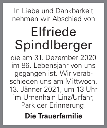Traueranzeige von Elfriede Spindlberger von OÖNachrichten