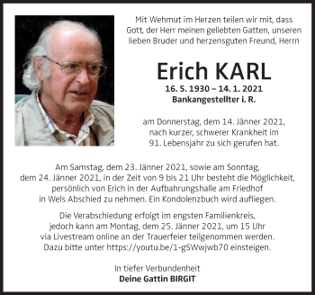 Traueranzeige von Erich Karl von OÖNachrichten