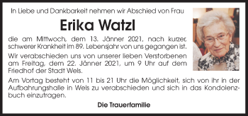 Traueranzeige von Erika Watzl von OÖNachrichten