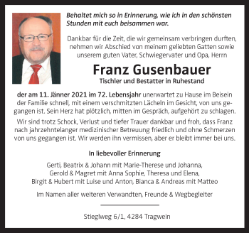 Traueranzeige von Franz Gusenbauer von OÖNachrichten
