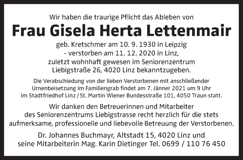  Traueranzeige für Gisela Herta Lettenmair vom 07.01.2021 aus OÖNachrichten