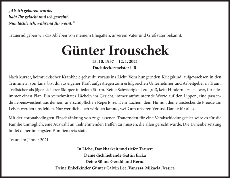  Traueranzeige für Günter Irouschek vom 16.01.2021 aus OÖNachrichten