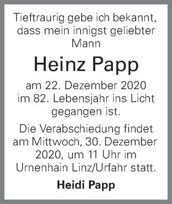 Traueranzeige von Heinz Papp von OÖNachrichten