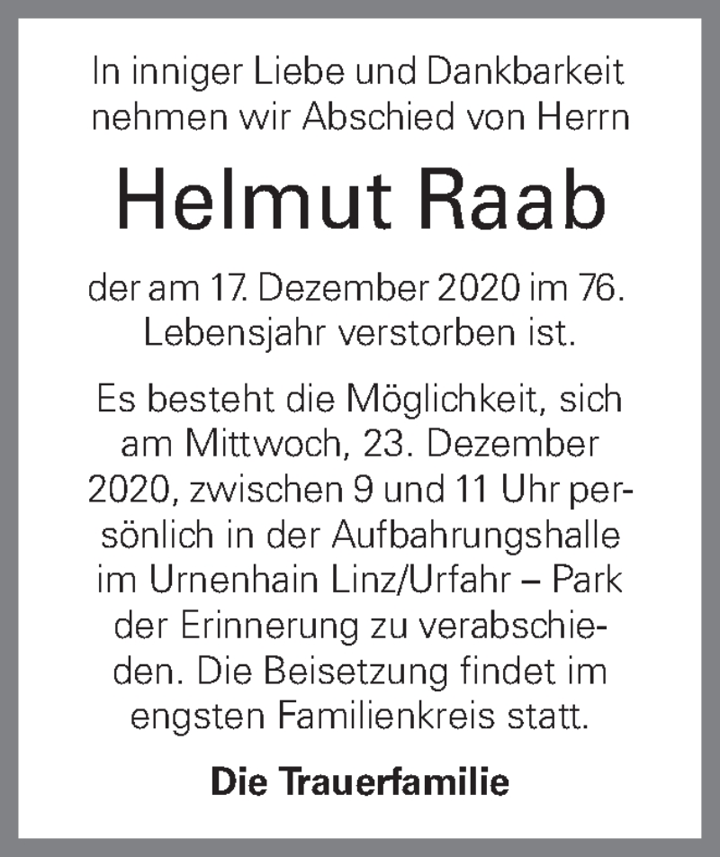  Traueranzeige für Helmut Raab vom 22.12.2020 aus OÖNachrichten