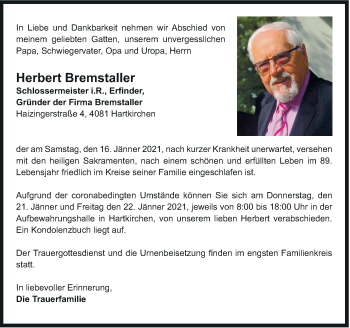 Traueranzeige von Herbert Bremstaller von OÖNachrichten