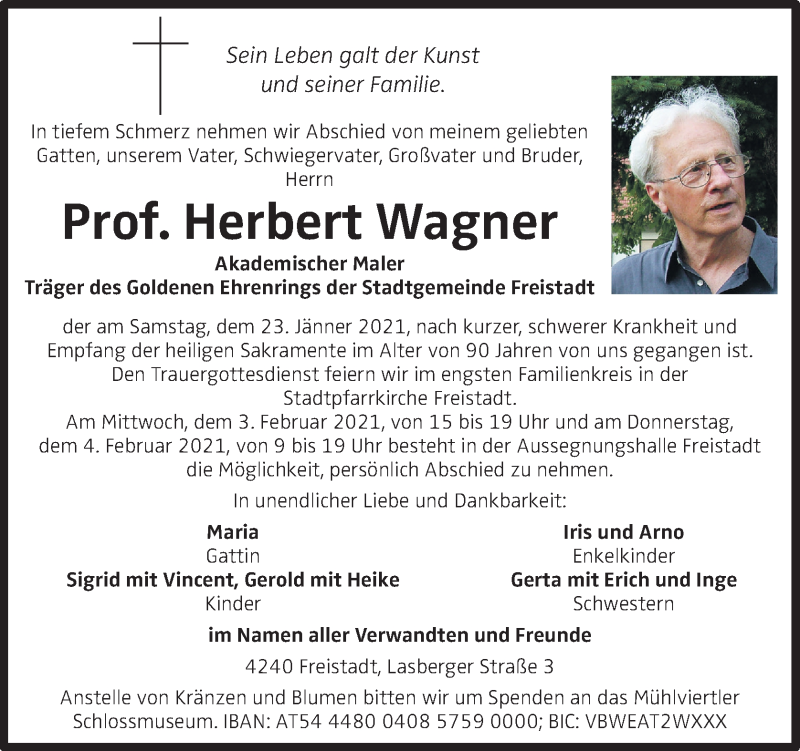  Traueranzeige für Herbert Wagner vom 30.01.2021 aus OÖNachrichten