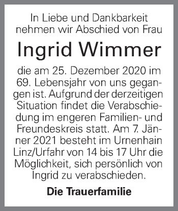 Traueranzeige von Ingrid Wimmer von OÖNachrichten