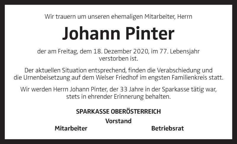  Traueranzeige für Johann Pinter vom 07.01.2021 aus OÖNachrichten