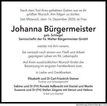 Traueranzeige von Johanna Bürgermeister von OÖNachrichten
