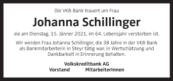 Traueranzeige von Johanna Schillinger von OÖNachrichten