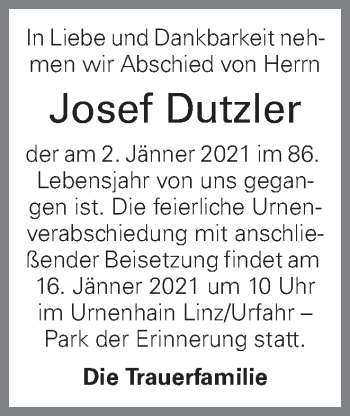 Traueranzeige von Josef Dutzler von OÖNachrichten