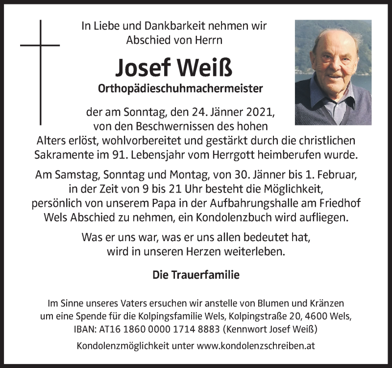 Traueranzeige für Josef Weiß vom 28.01.2021 aus OÖNachrichten