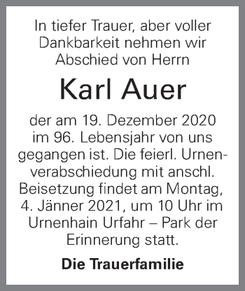 Traueranzeige von Karl Auer von OÖNachrichten