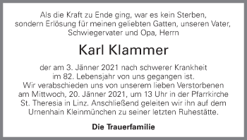 Traueranzeige von Karl Klammer von OÖNachrichten