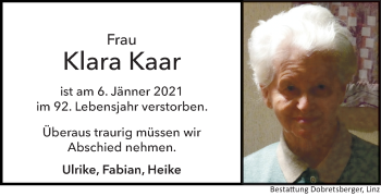 Traueranzeige von Klara Kaar von OÖNachrichten
