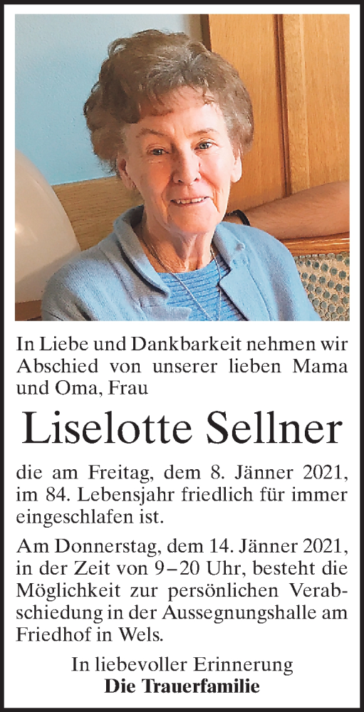  Traueranzeige für Liselotte Sellner vom 13.01.2021 aus OÖNachrichten