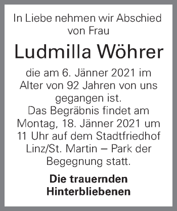 Traueranzeige von Ludmilla Wöhrer von OÖNachrichten