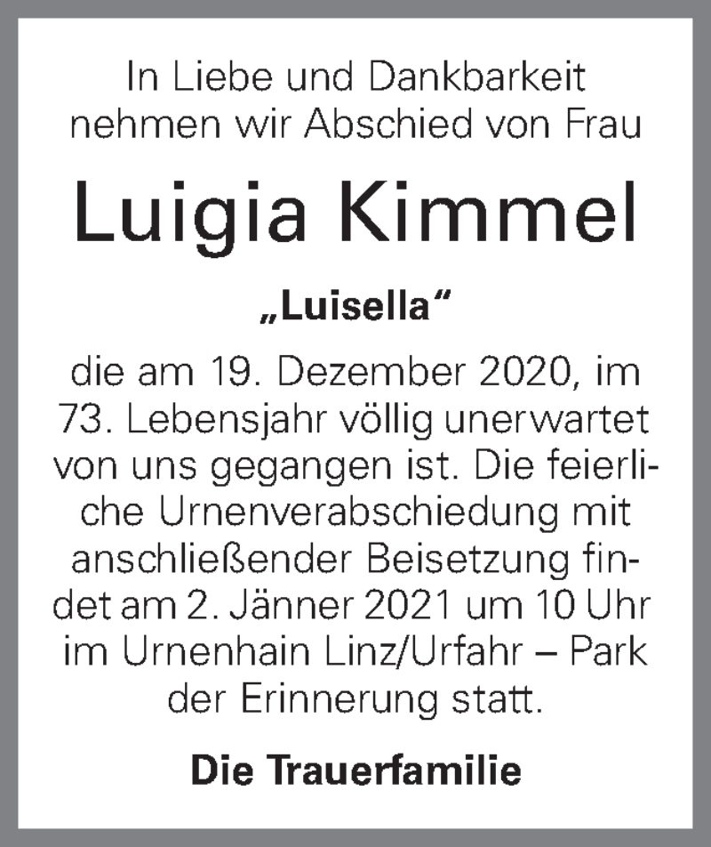  Traueranzeige für Luigia Kimmel vom 24.12.2020 aus OÖNachrichten