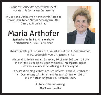 Traueranzeige von Maria Arthofer von OÖNachrichten