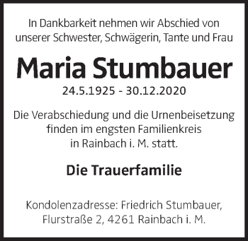 Traueranzeige von Maria Stumbauer von OÖNachrichten