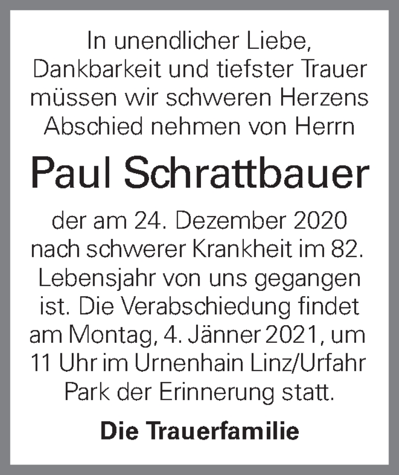  Traueranzeige für Paul Schrattbauer vom 31.12.2020 aus OÖNachrichten