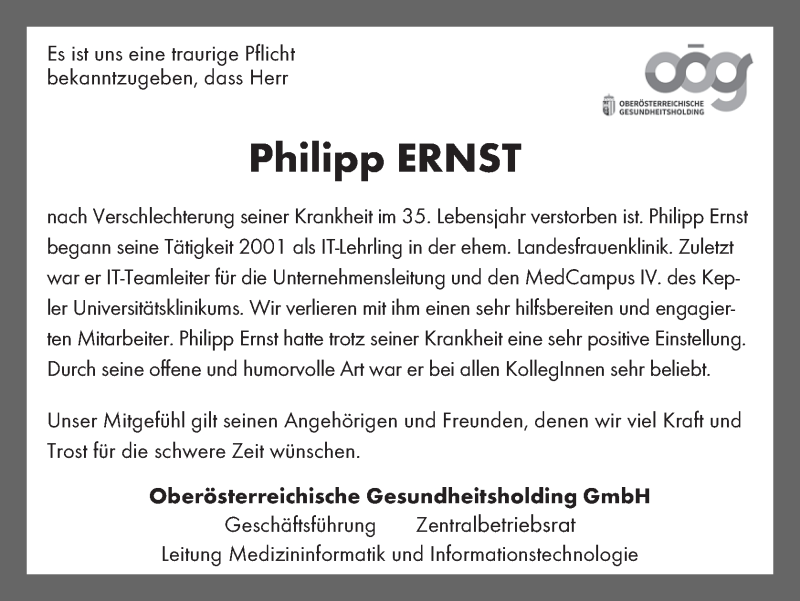  Traueranzeige für Philipp Ernst vom 15.01.2021 aus OÖNachrichten