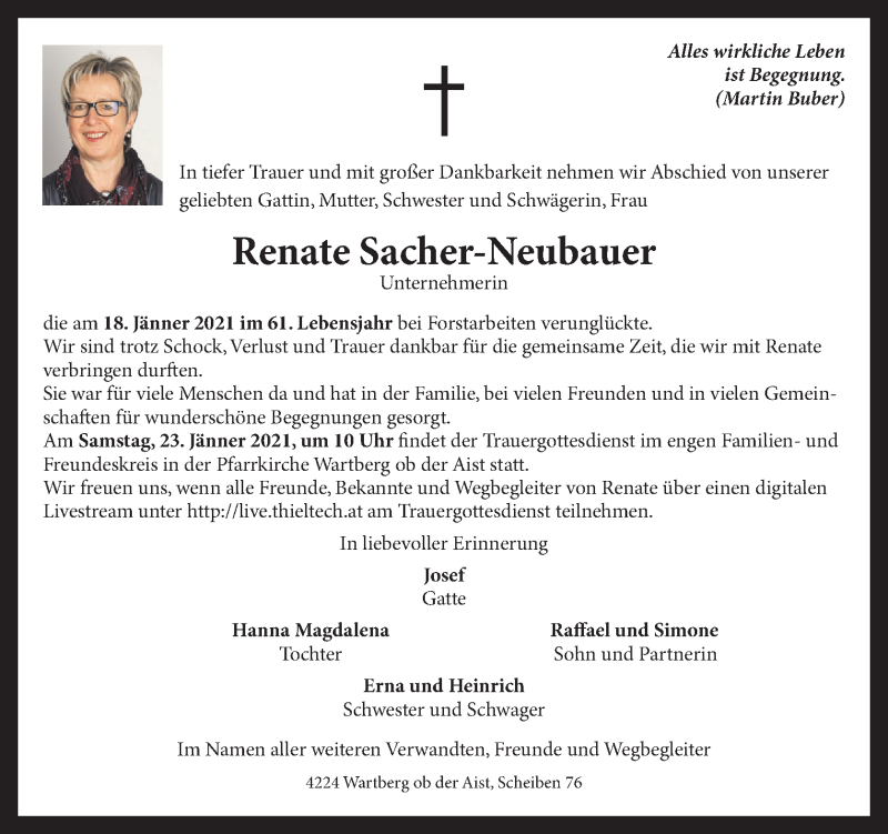  Traueranzeige für Renate Sacher-Neubauer vom 23.01.2021 aus OÖNachrichten