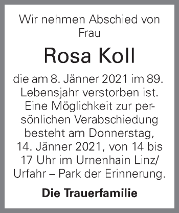 Traueranzeige von Rosa Koll von OÖNachrichten