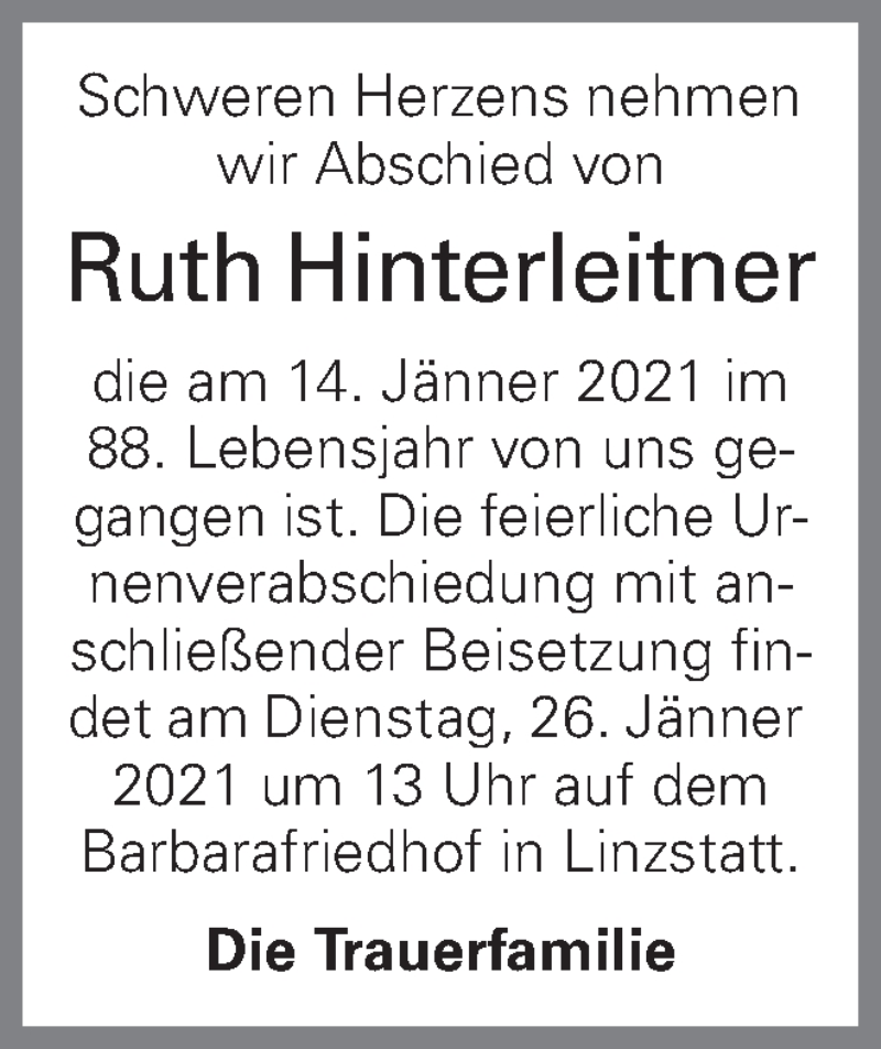  Traueranzeige für Ruth Hinterleitner vom 22.01.2021 aus OÖNachrichten