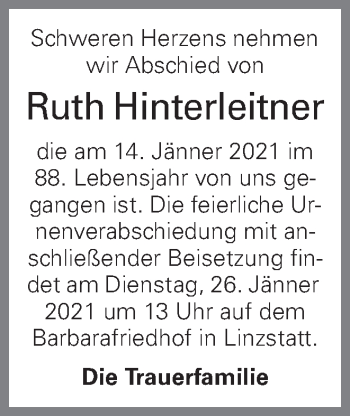 Traueranzeige von Ruth Hinterleitner von OÖNachrichten