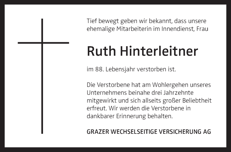  Traueranzeige für Ruth Hinterleitner vom 23.01.2021 aus OÖNachrichten