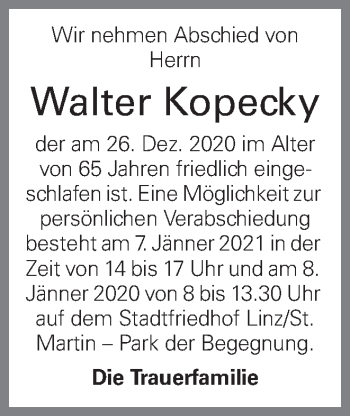 Traueranzeige von Walter Kopecky von OÖNachrichten