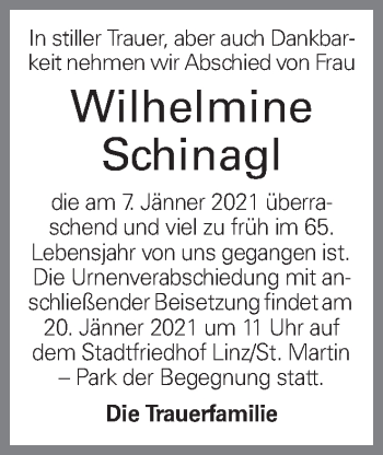 Traueranzeige von Wilhelmine Schinagl von OÖNachrichten