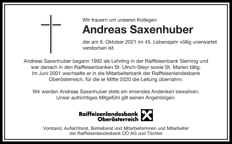  Traueranzeige für Andreas Saxenhuber vom 15.10.2021 aus OÖNachrichten
