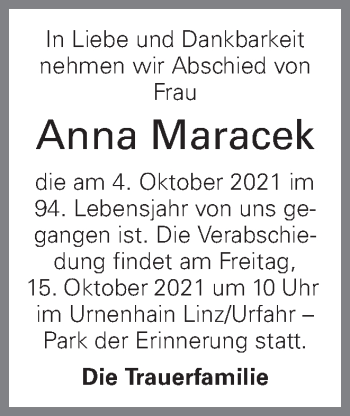 Traueranzeige von Anna Maracek von OÖNachrichten