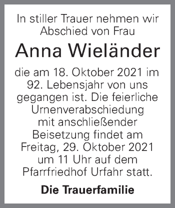 Traueranzeige von Anna Wieländer von OÖNachrichten