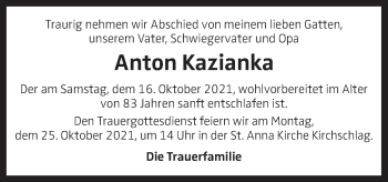 Traueranzeige von Anton Kazianka von OÖNachrichten