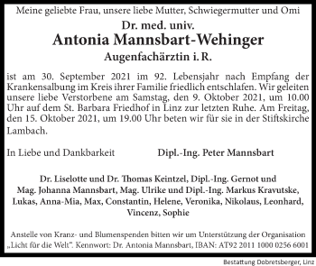Traueranzeige von Antonia Mannsbart-Wehinger von OÖNachrichten