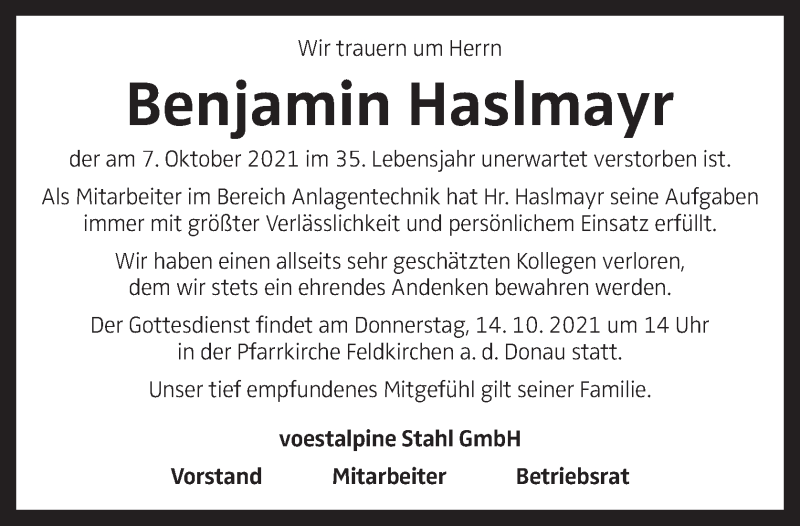 Traueranzeige für Benjamin Haslmayr vom 13.10.2021 aus OÖNachrichten